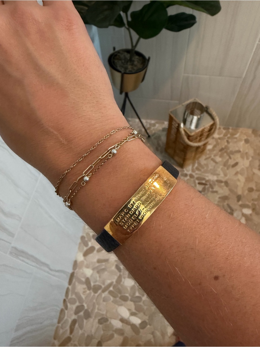 Marc By Marc Jacobs Gold ID Plate with Black Leather Strap Bracelet